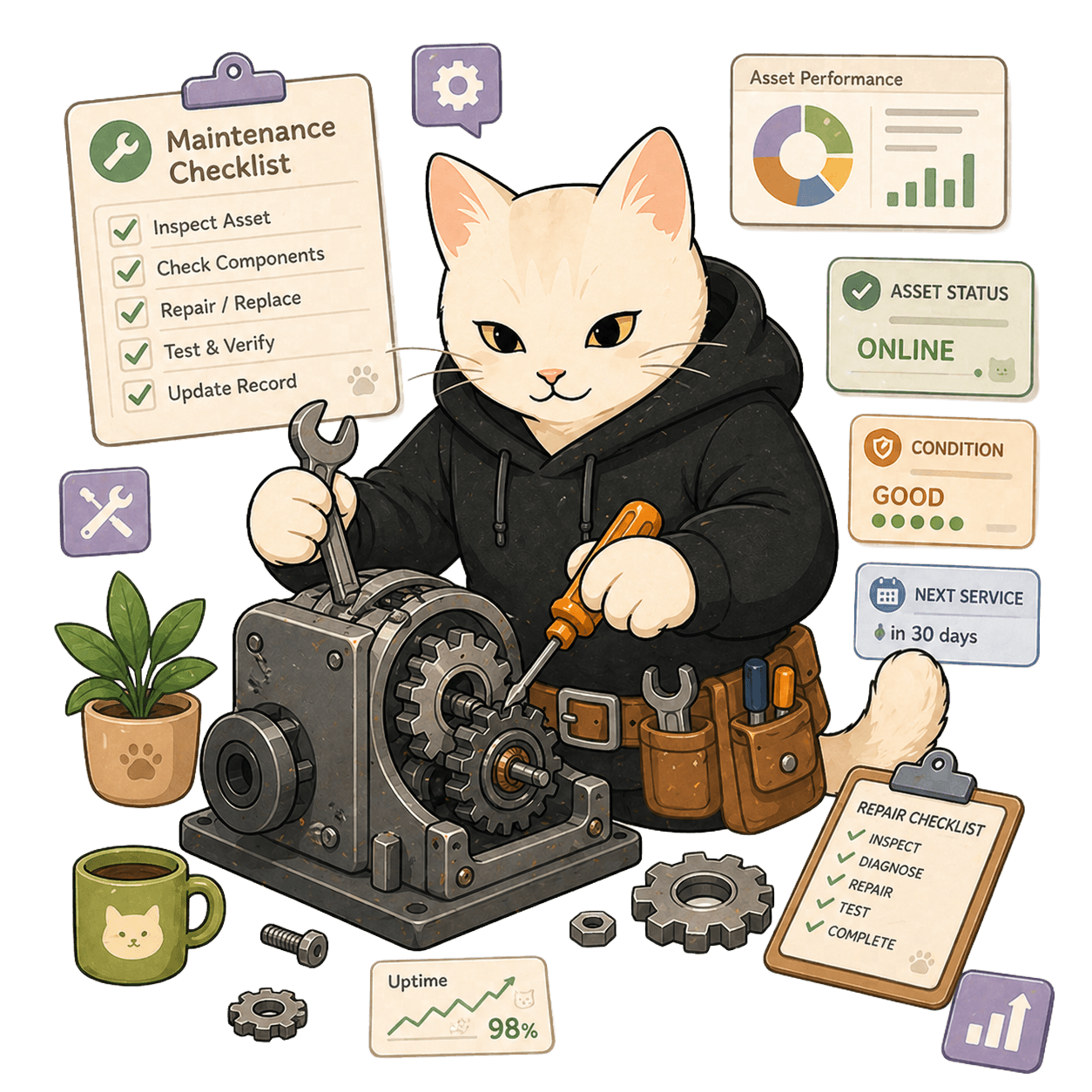 Fixzy mascot — แมวช่างซ่อมเครื่องจักรพร้อม checklist และ asset performance