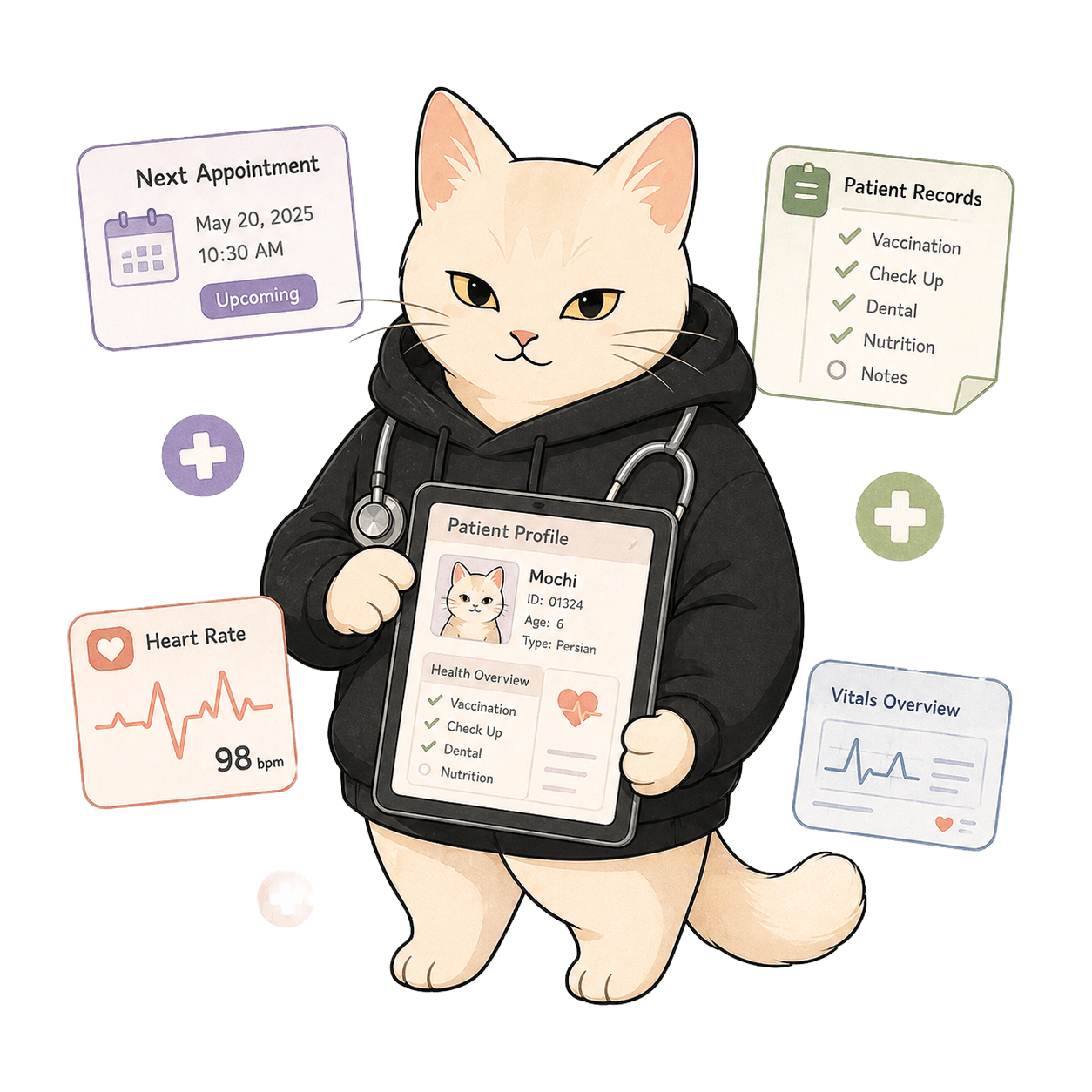 Clinly mascot — แมวหมอใส่ stethoscope ถือแท็บเล็ตประวัติคนไข้พร้อม vitals overview