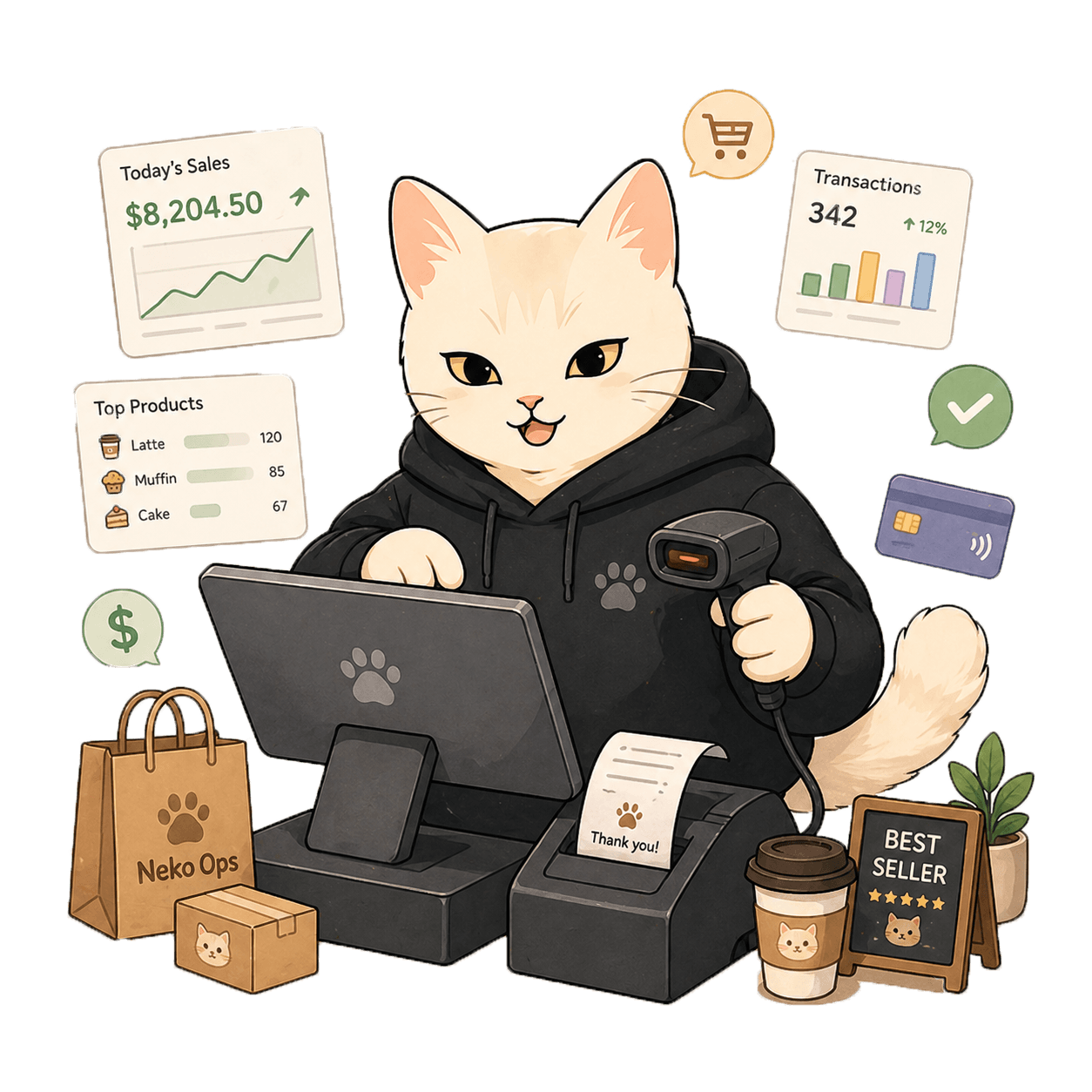 Posly mascot — แมวแคชเชียร์ที่หน้าร้านพร้อม sales dashboard และ barcode scanner
