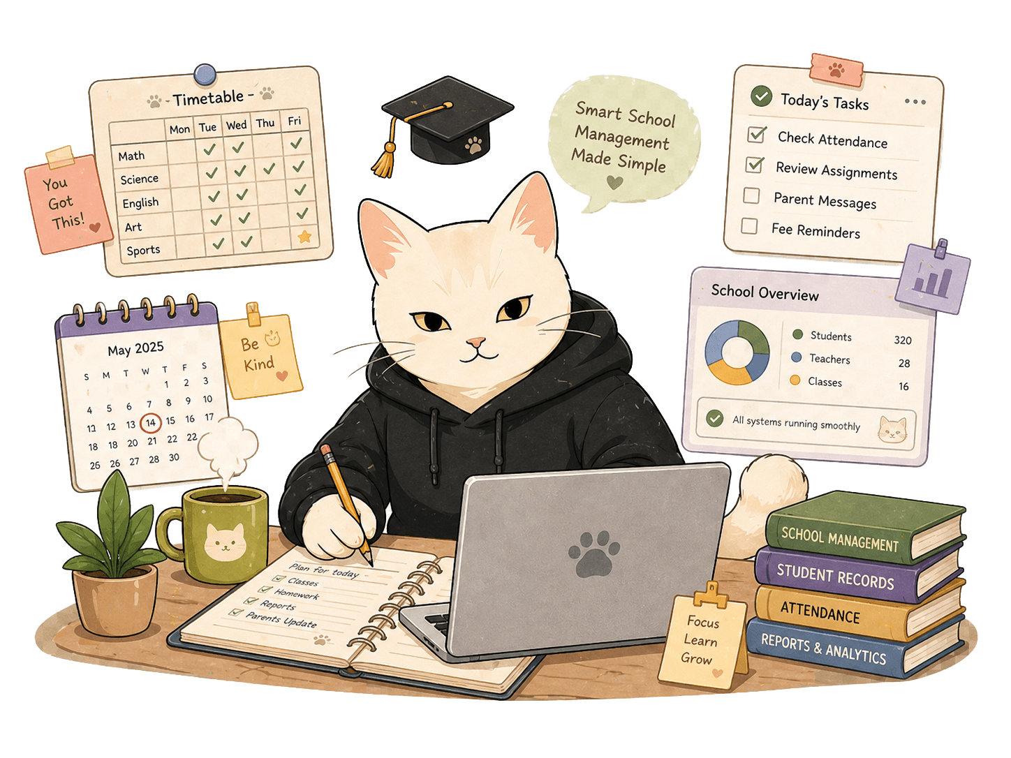 Skooly mascot — แมวหูดำเรียนหนังสือพร้อมแดชบอร์ดตารางเรียนและรายการตรวจสอบ